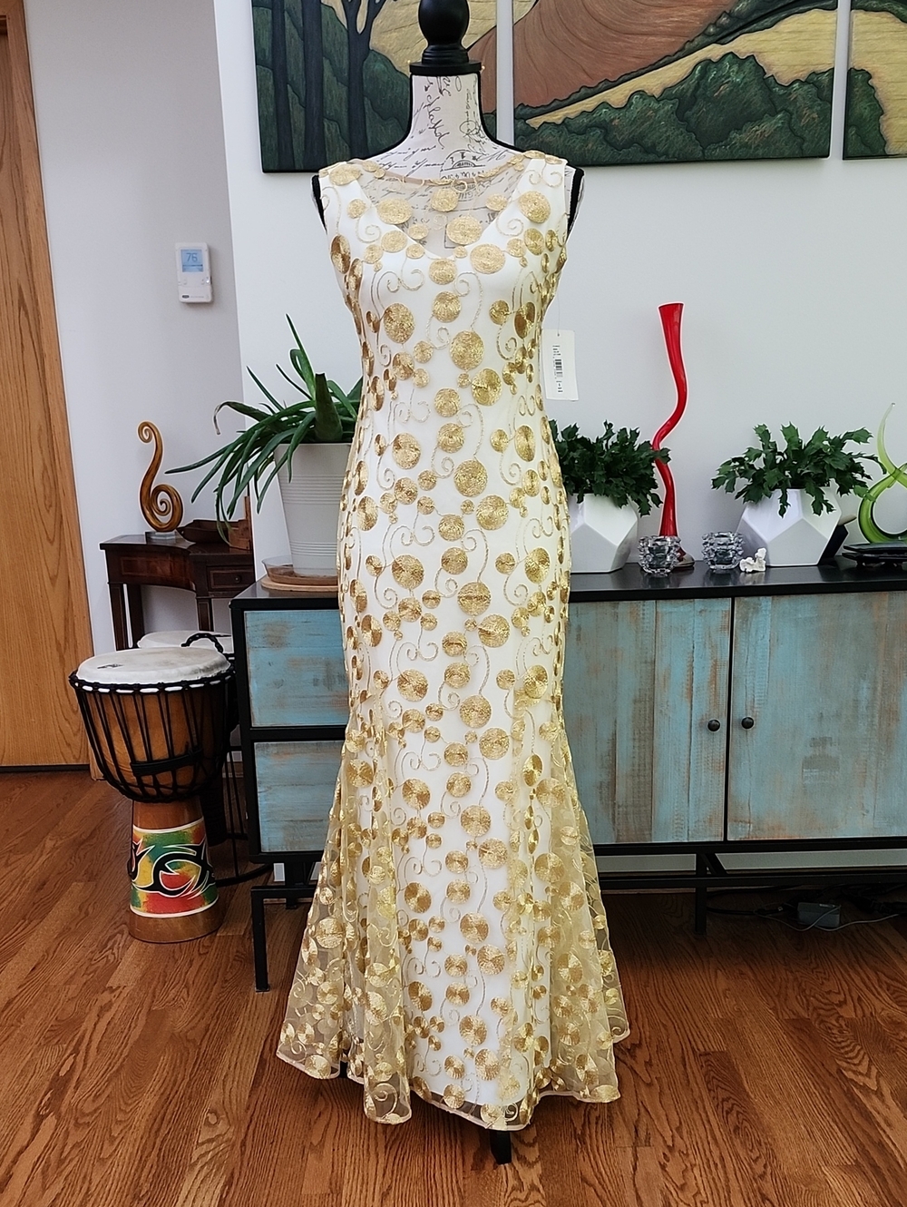 THEIA Champaign and Gold Thread Spiral-Embellished Fishtail Evening Gown - NWT